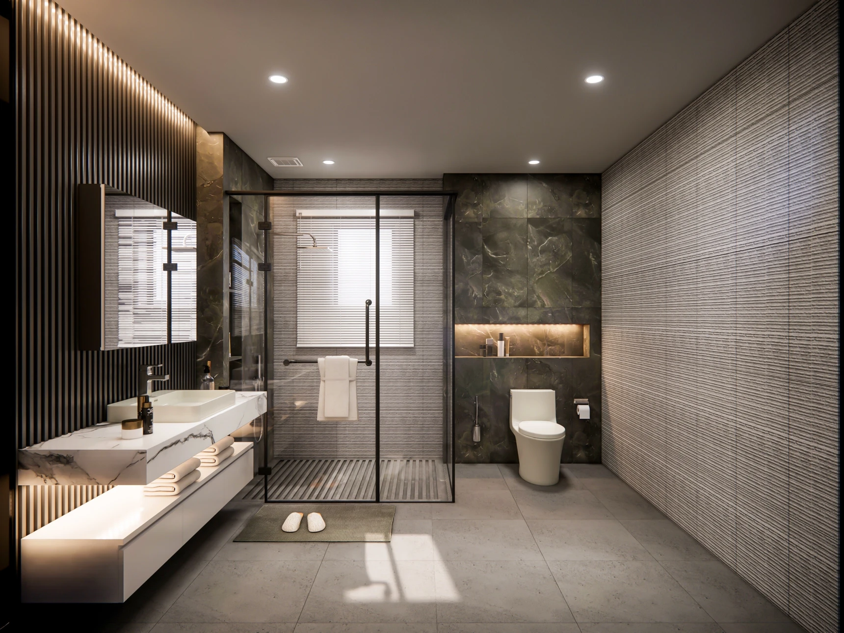 Salle de bains moderne avec baignoire blanche, lavabo rond sur meuble suspendu noir, robinetterie murale